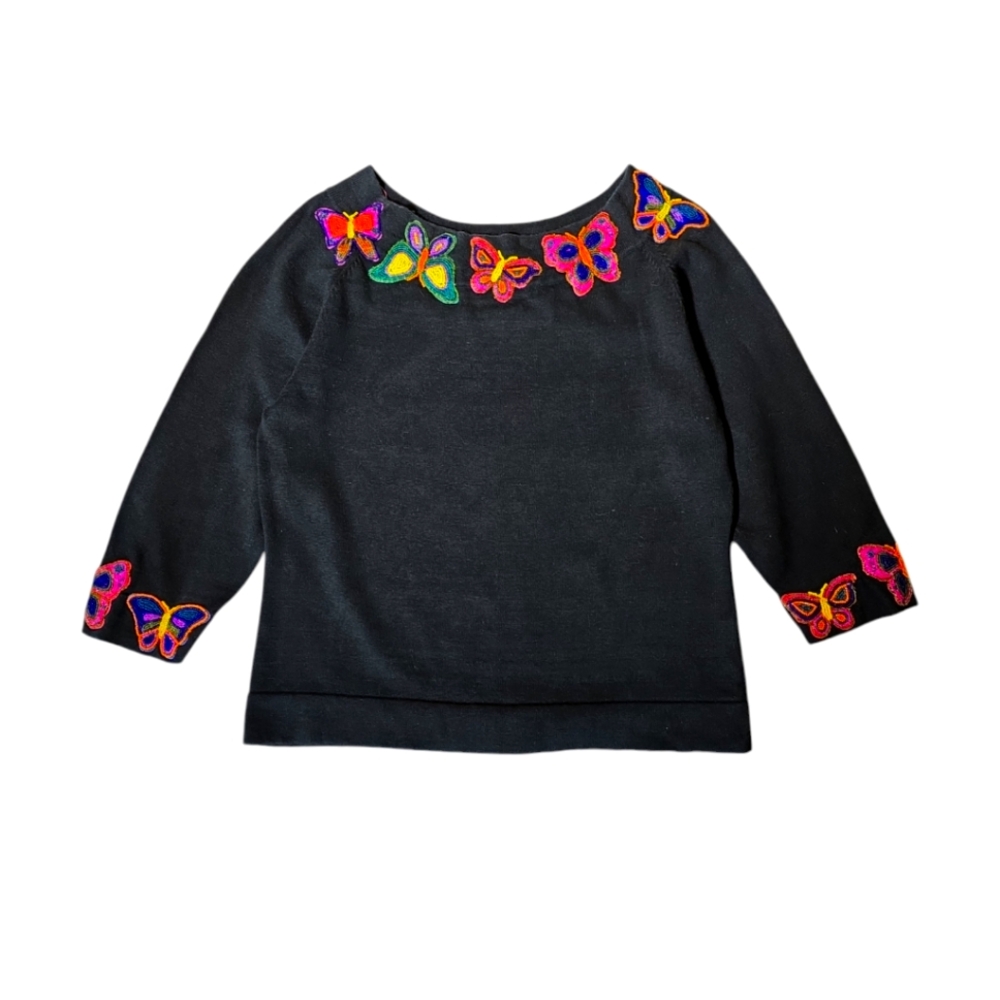 Vintage Belle Pointe Beaded Butterfly Sweater Black 3/4 Sleeve XL Pullover